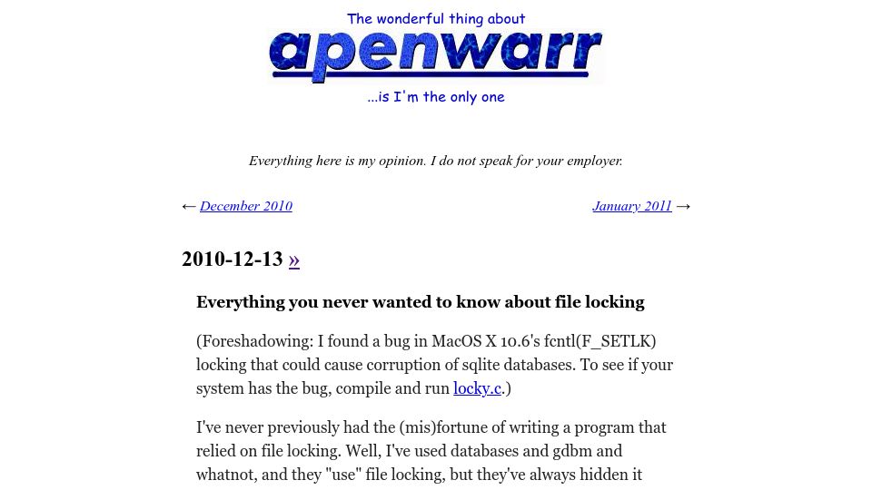 Screenshot of apenwarr.ca: Everything you never wanted to know about file locking (2010)