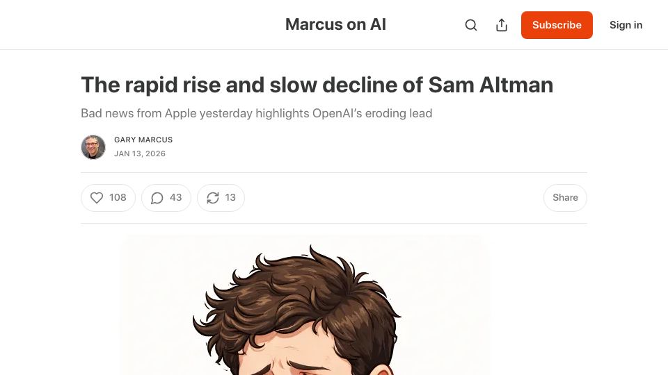 Screenshot of garymarcus.substack.com: The rapid rise and slow decline of Sam Altman