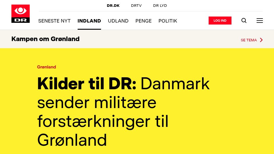 Screenshot of dr.dk: Denmark sends military reinforcements to Greenland
