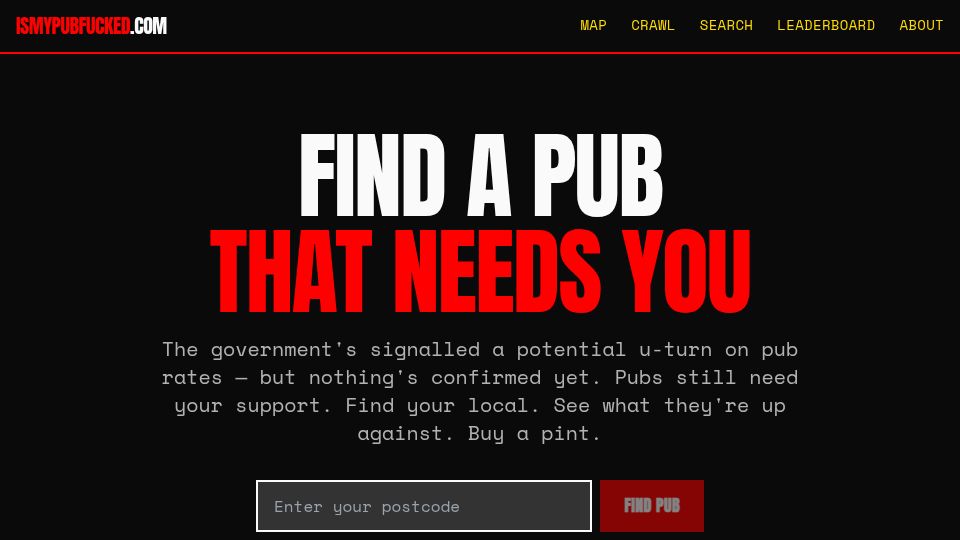 Screenshot of ismypubfucked.com: Find a pub that needs you