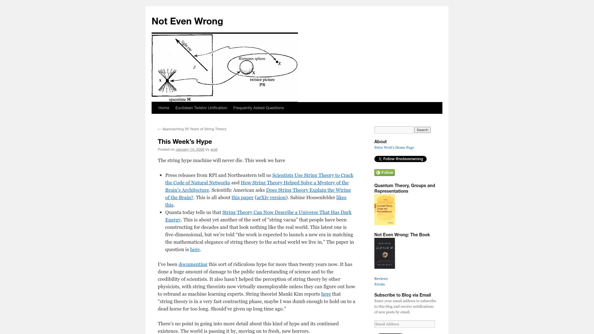 Screenshot of math.columbia.edu: The string theory hype machine will never die