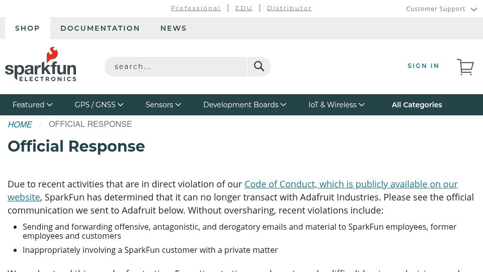 Screenshot of sparkfun.com: SparkFun Officially Dropping AdaFruit due to CoC Violation