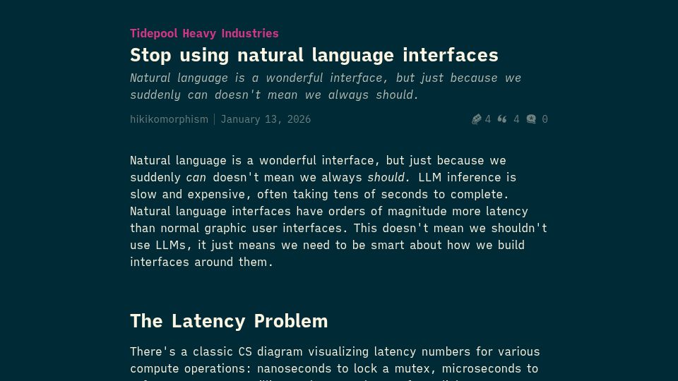 Screenshot of tidepool.leaflet.pub: Stop using natural language interfaces