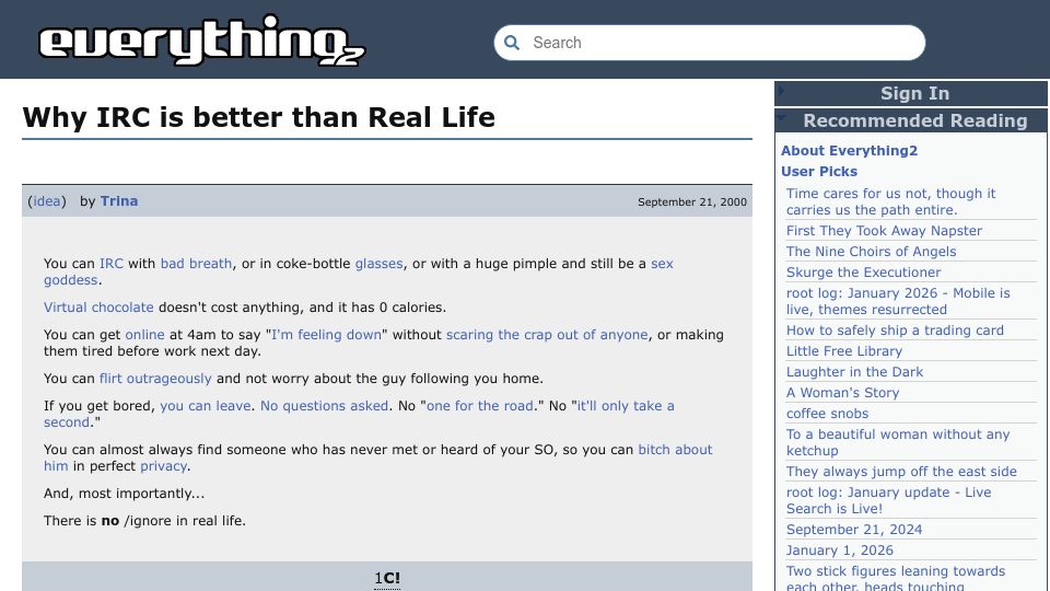 Screenshot of everything2.com: Why IRC is better than Real Life