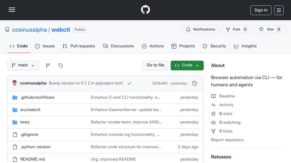 Screenshot of github.com: Show HN: Webctl – Browser automation for agents based on CLI instead of MCP
