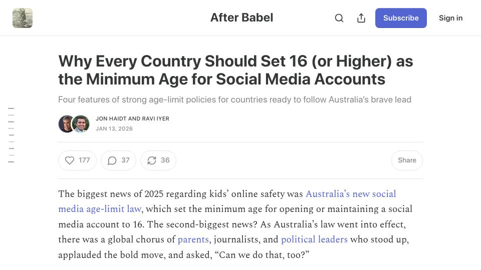 Screenshot of afterbabel.com: Every country should set 16 as the minimum age for social media accounts