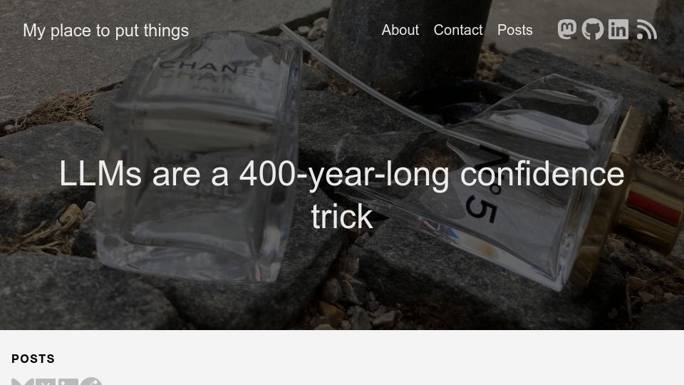 Screenshot of tomrenner.com: LLMs are a 400-year-long confidence trick