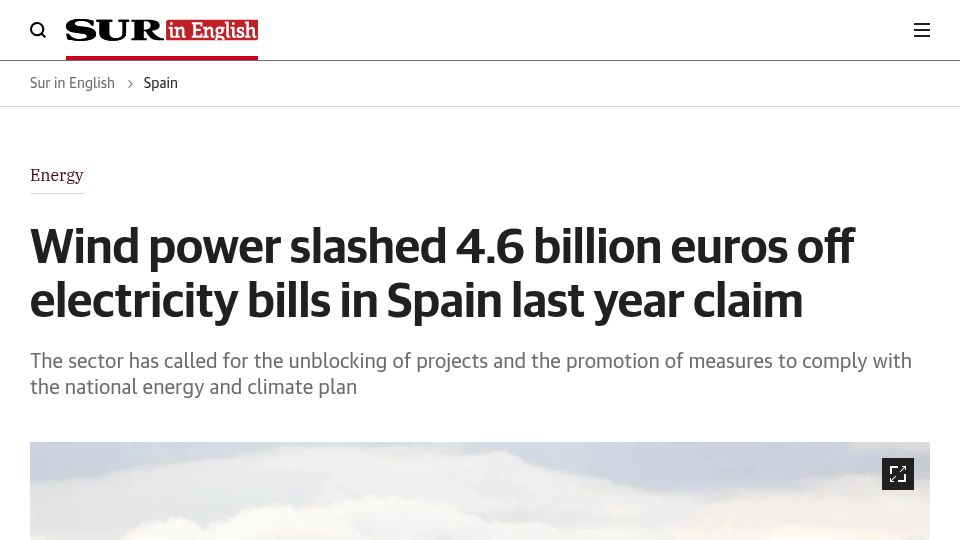 Screenshot of surinenglish.com: Wind power slashed 4.6B euros off electricity bills in Spain last year