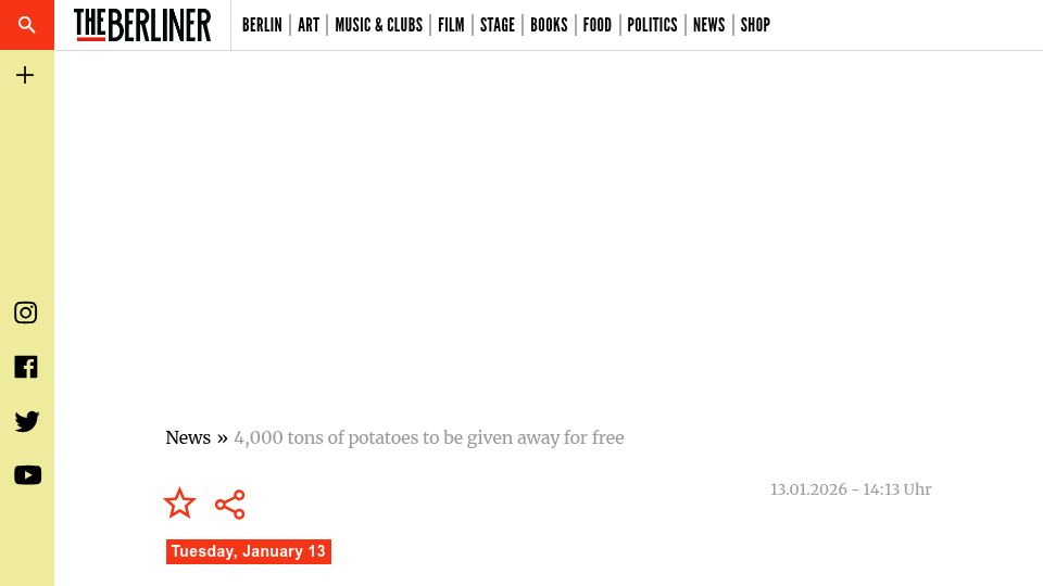 Screenshot of the-berliner.com: 4k tons of potatoes to be given away for free in Berlin