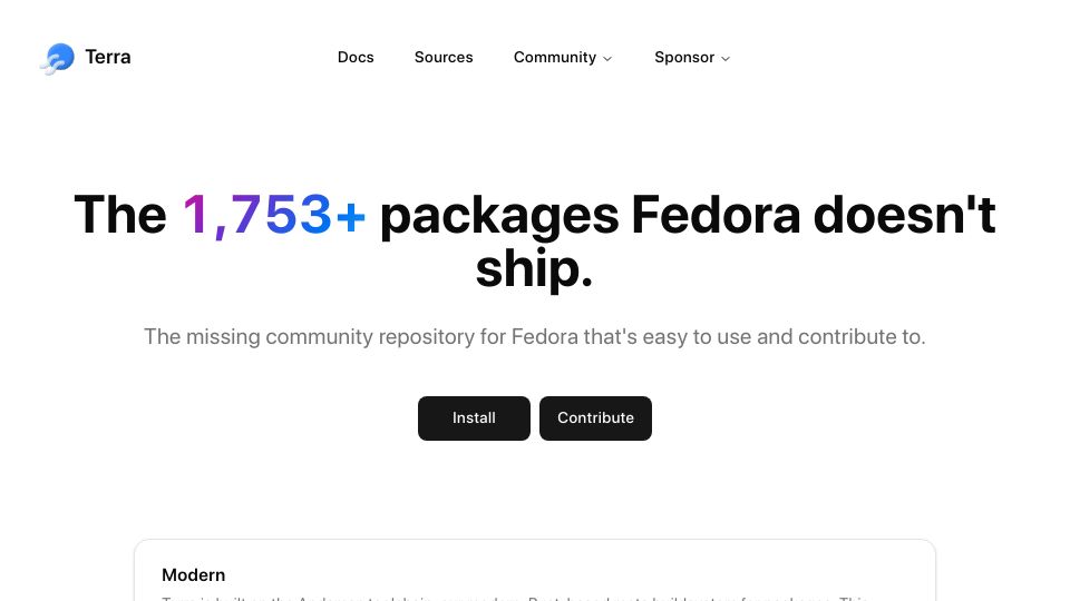 Screenshot of terra.fyralabs.com: Terra - A rolling-release Fedora repository