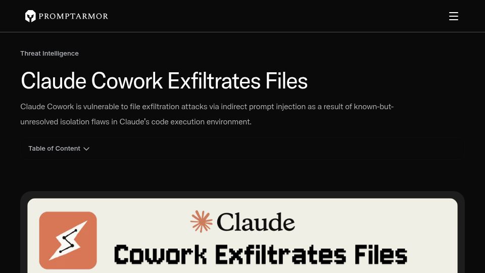 Screenshot of promptarmor.com: Claude Cowork exfiltrates files