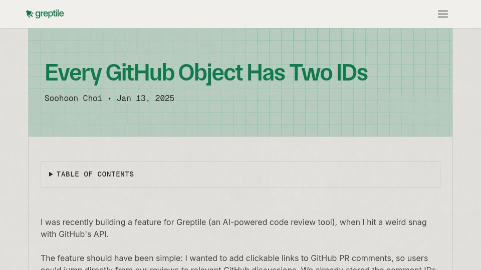 Screenshot of greptile.com: Every GitHub object has two IDs