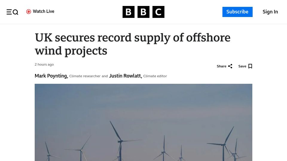 Screenshot of bbc.co.uk: UK secures record supply of offshore wind projects