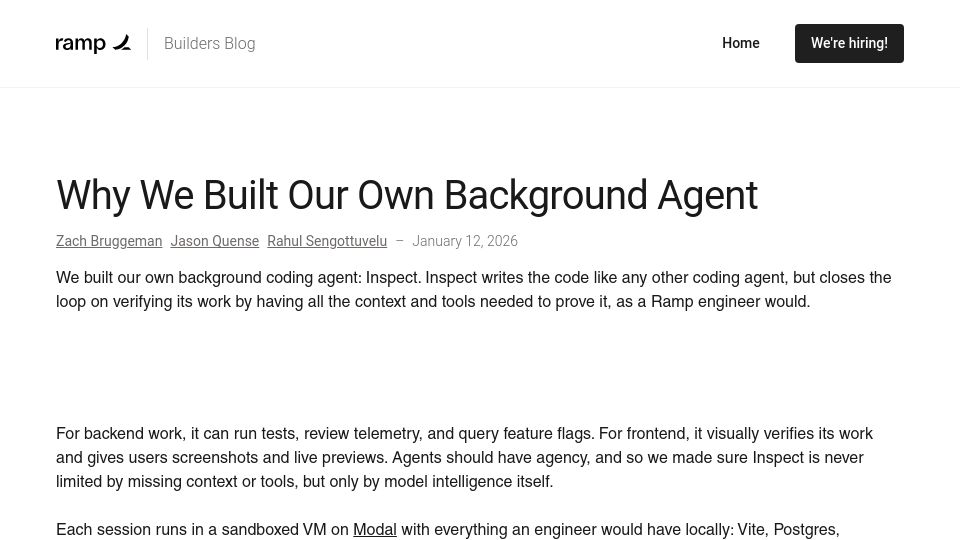 Screenshot of builders.ramp.com: Why we built our own background agent