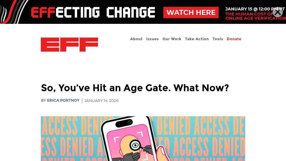 Screenshot of eff.org: So, you’ve hit an age gate. What now?