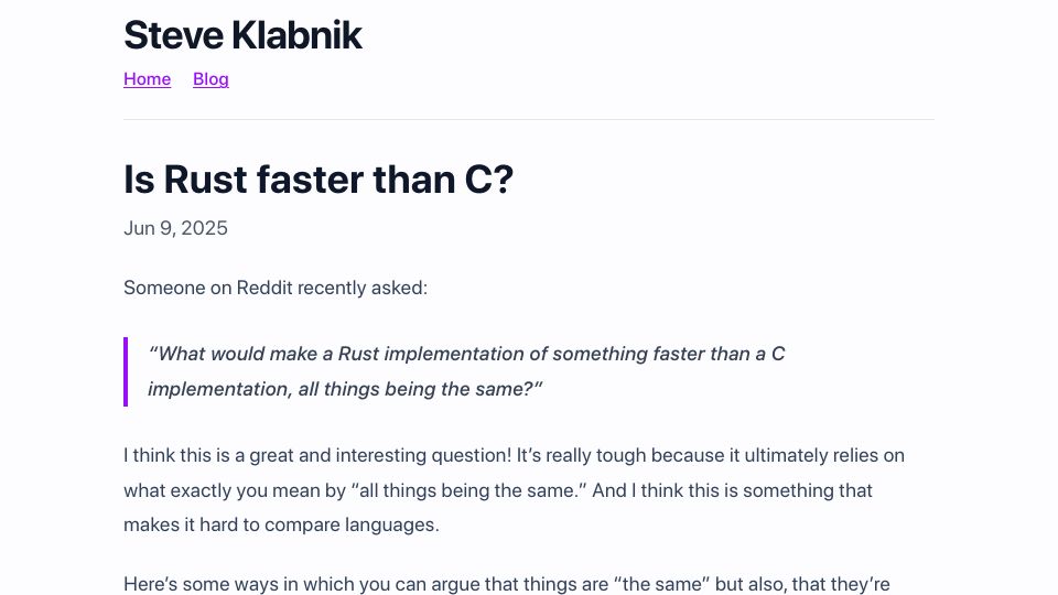Screenshot of steveklabnik.com: Is Rust faster than C?