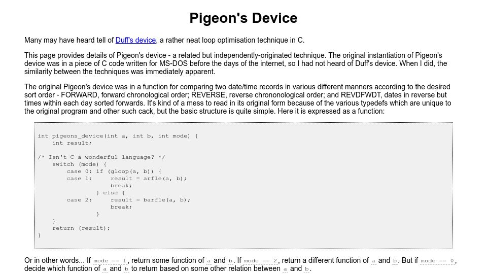 Screenshot of pigeonsnest.co.uk: Pigeon's Device (2009)
