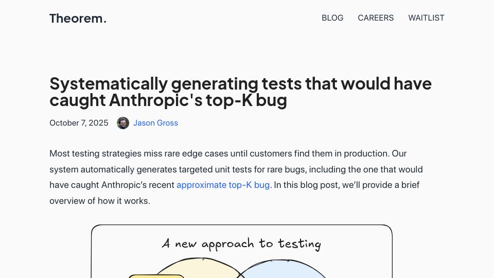 Screenshot of theorem.dev: Systematically generating tests that would have caught Anthropic's top‑K bug