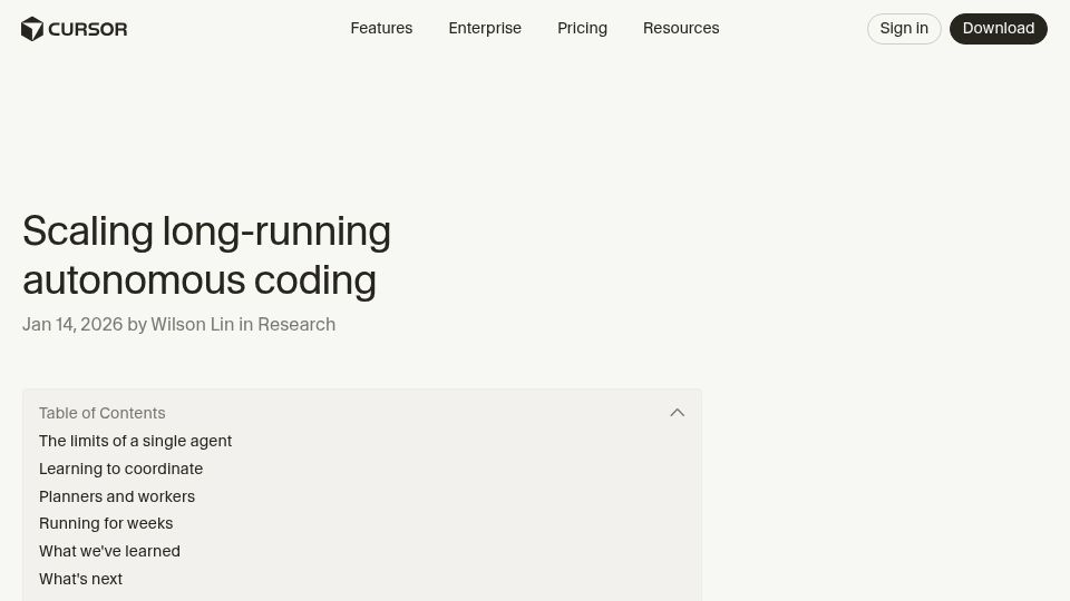 Screenshot of cursor.com: Scaling long-running autonomous coding