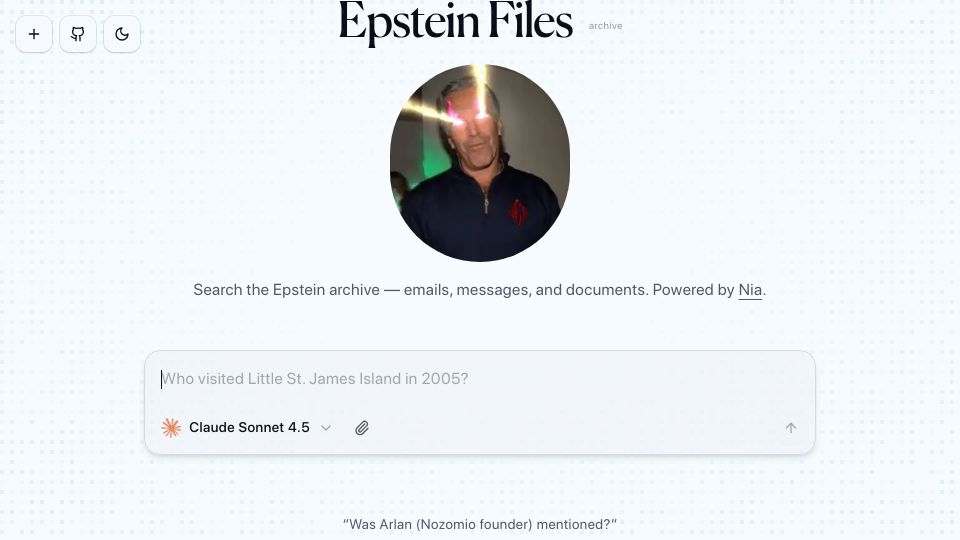 Screenshot of epstein.trynia.ai: Show HN: OSS AI agent that indexes and searches the Epstein files