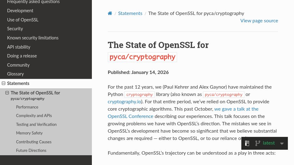 Screenshot of cryptography.io: The State of OpenSSL for pyca/cryptography