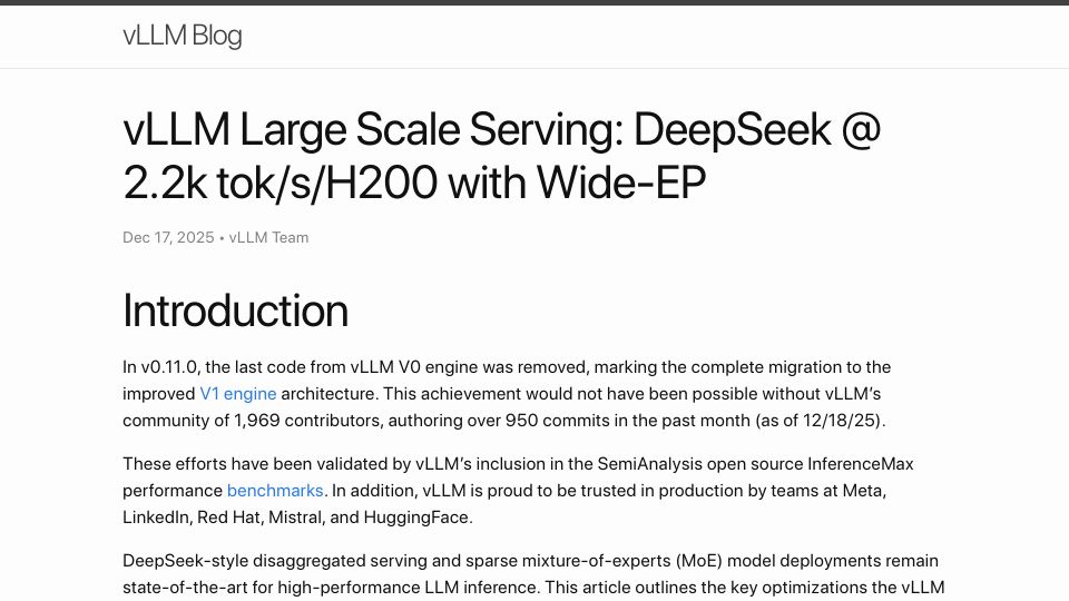 Screenshot of blog.vllm.ai: vLLM large scale serving: DeepSeek 2.2k tok/s/h200 with wide-ep