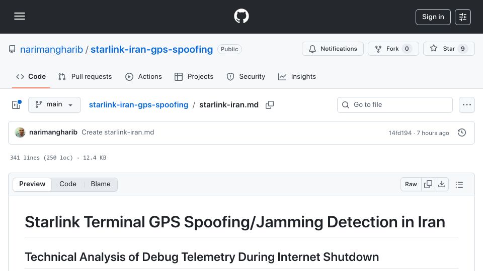 Screenshot of github.com: Technical Analysis of Starlink Terminal GPS Spoofing/Jamming Detection in Iran