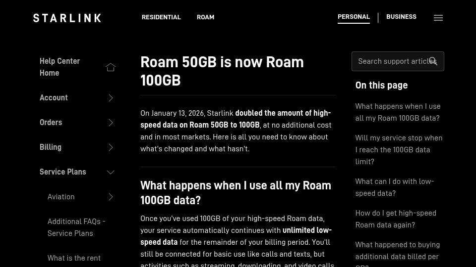 Screenshot of starlink.com: Roam 50GB is now Roam 100GB