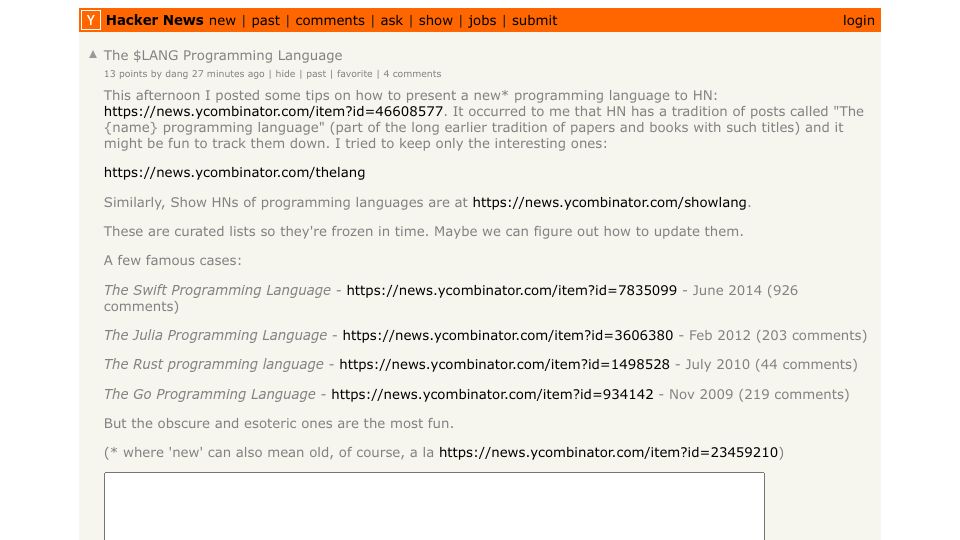Screenshot of Hacker News post: The $LANG Programming Language