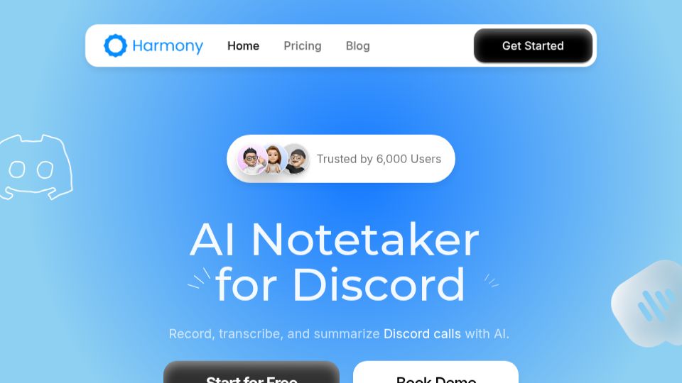 Screenshot of harmonynotetaker.ai: Show HN: Harmony – AI notetaker for Discord