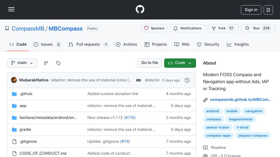 Screenshot of github.com: Show HN: Tiny FOSS Compass and Navigation App (<2MB)