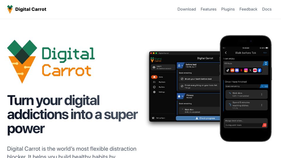 Screenshot of digitalcarrot.app: Show HN: Digital Carrot – Block social media with programmable rules and goals