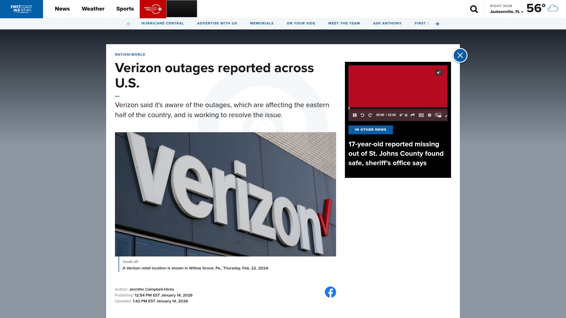 Screenshot of firstcoastnews.com: Verizon outages reported across U.S.