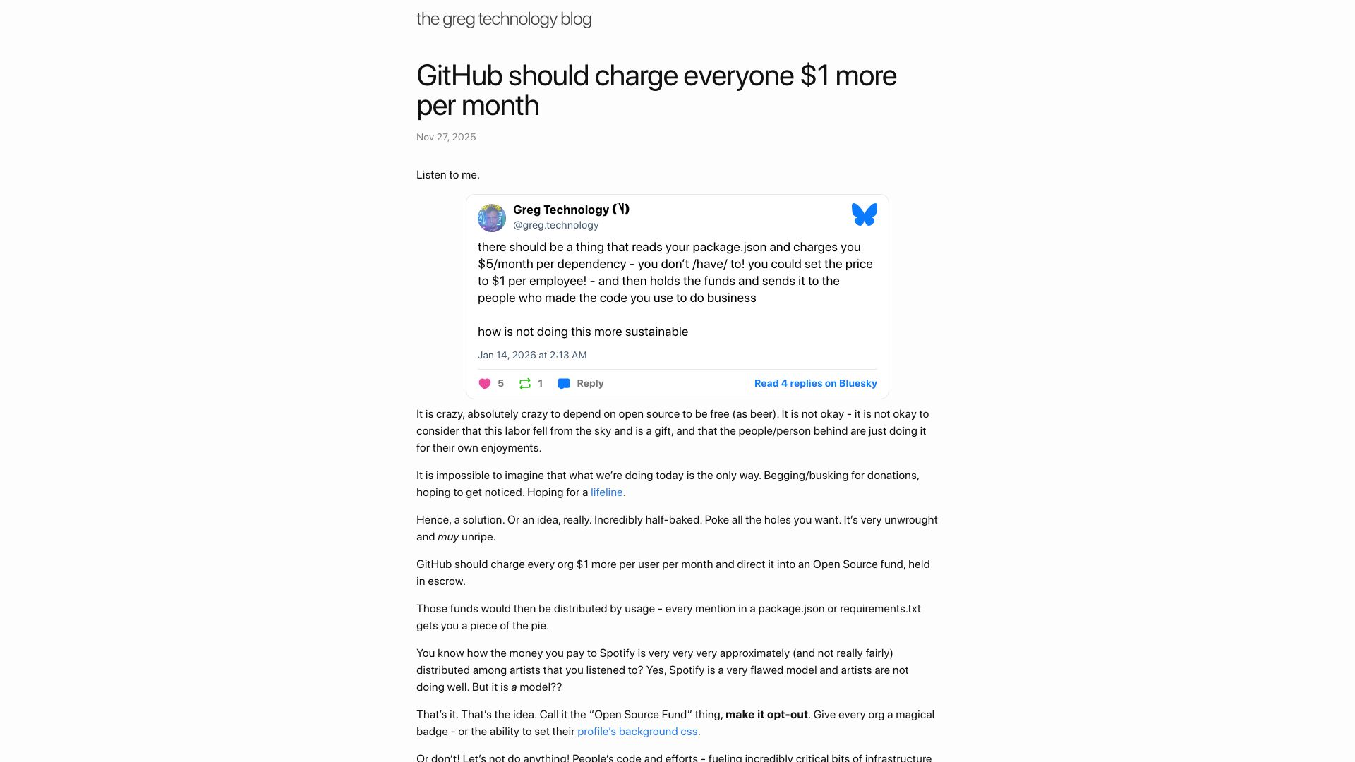 Screenshot of blog.greg.technology: GitHub should charge everyone $1 more per month to fund open source