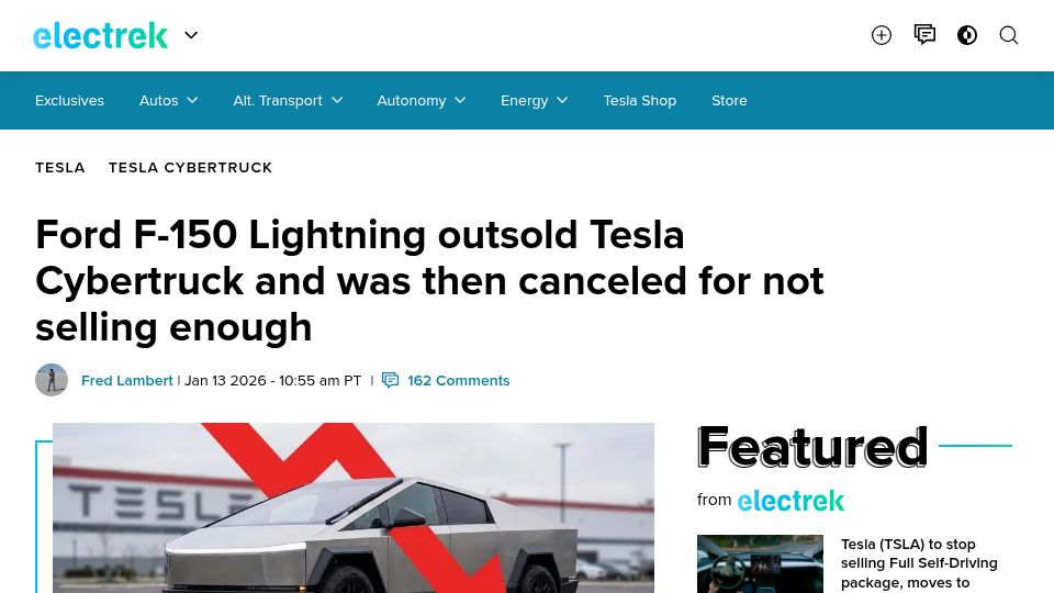 Screenshot of electrek.co: Ford F-150 Lightning outsold the Cybertruck and was then canceled for poor sales