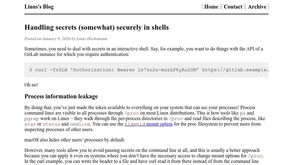 Screenshot of linus.schreibt.jetzt: Handling secrets (somewhat) securely in shells