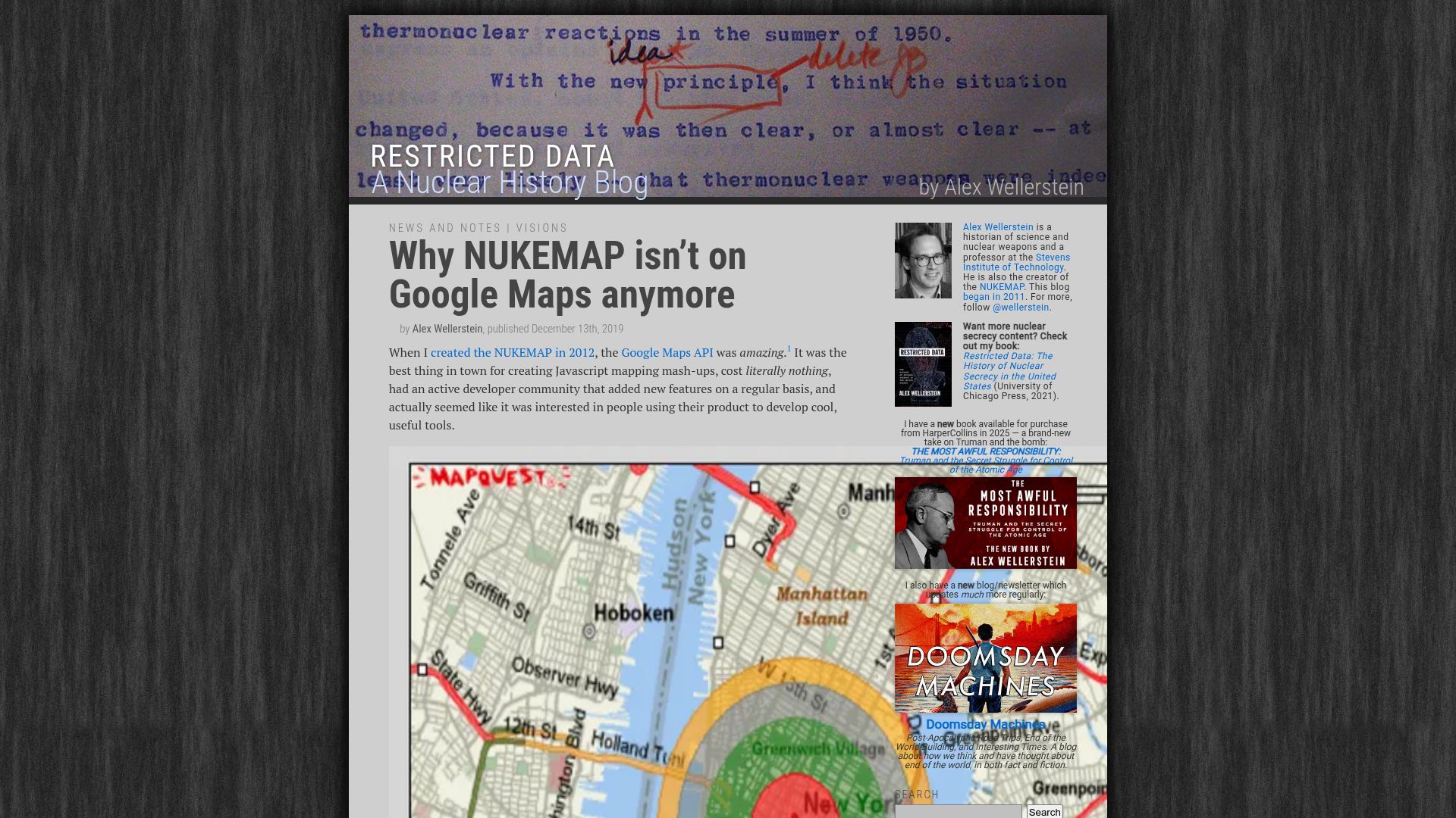 Screenshot of blog.nuclearsecrecy.com: Why NUKEMAP isn't on Google Maps anymore (2019)