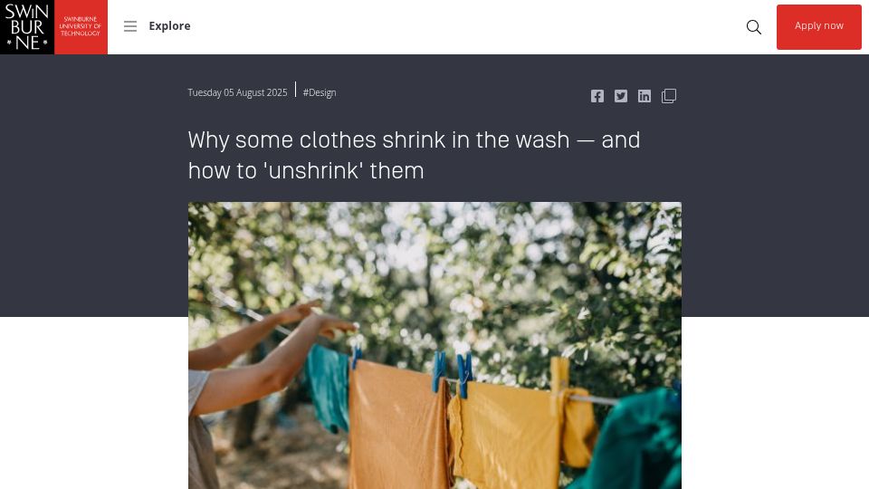 Screenshot of swinburne.edu.au: Why some clothes shrink in the wash and how to unshrink them