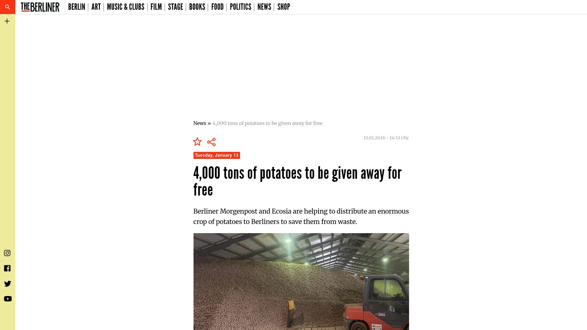 Screenshot of the-berliner.com: 4k tons of potatoes to be given away for free in Berlin