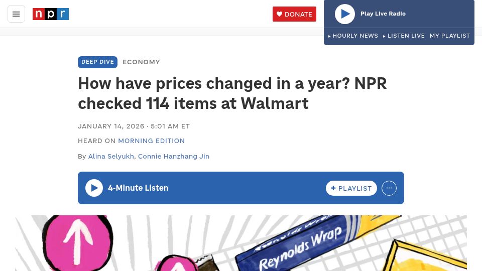 Screenshot of npr.org: How have prices changed in a year? NPR checked 114 items at Walmart