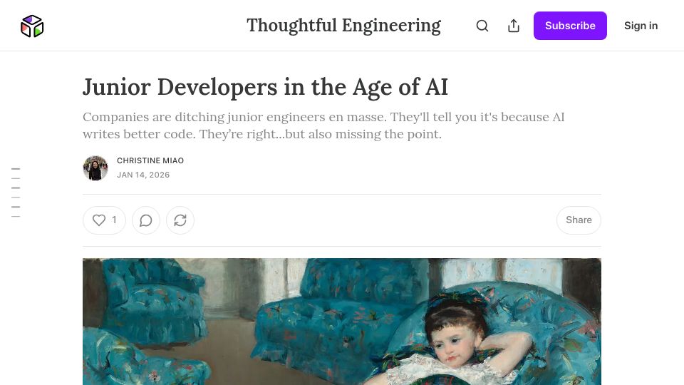 Screenshot of thoughtfuleng.substack.com: Junior Developers in the Age of AI