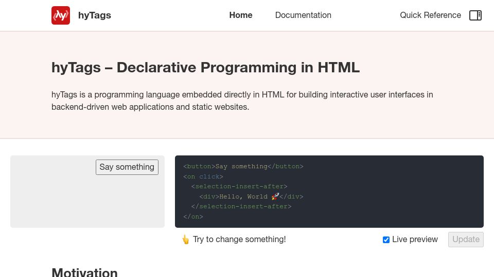 Screenshot of hytags.org: Show HN: HyTags – HTML as a Programming Language