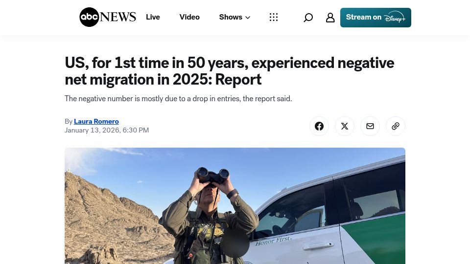 Screenshot of abcnews.go.com: US, for first time in 50 years, experienced negative net migration in 2025