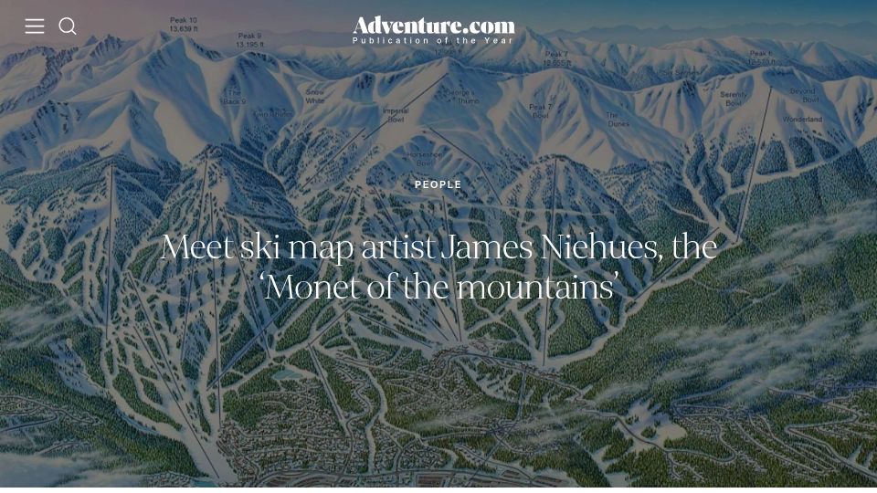 Screenshot of adventure.com: Ski map artist James Niehues, the 'Monet of the mountains' (2021)