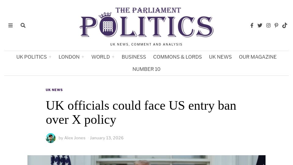 Screenshot of parliamentnews.co.uk: UK Officials could face US entry ban over Twitter policy