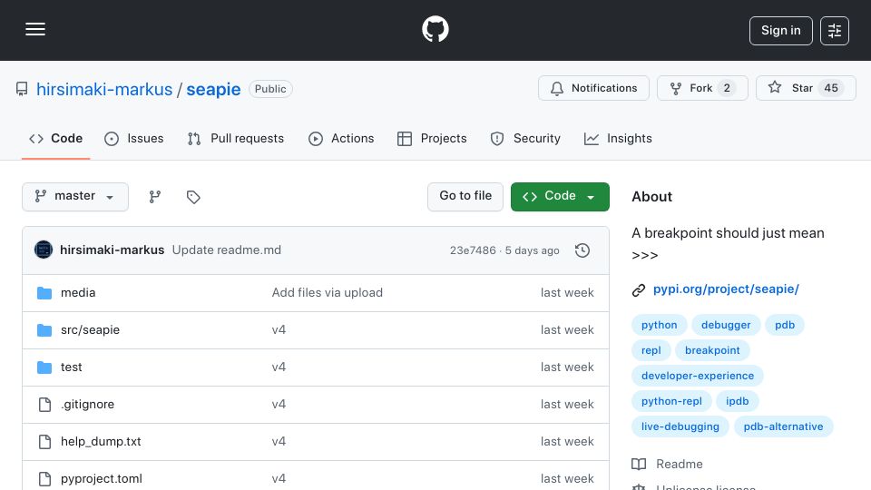 Screenshot of github.com: Show HN: Seapie – a Python debugger where breakpoints drop into a REPL