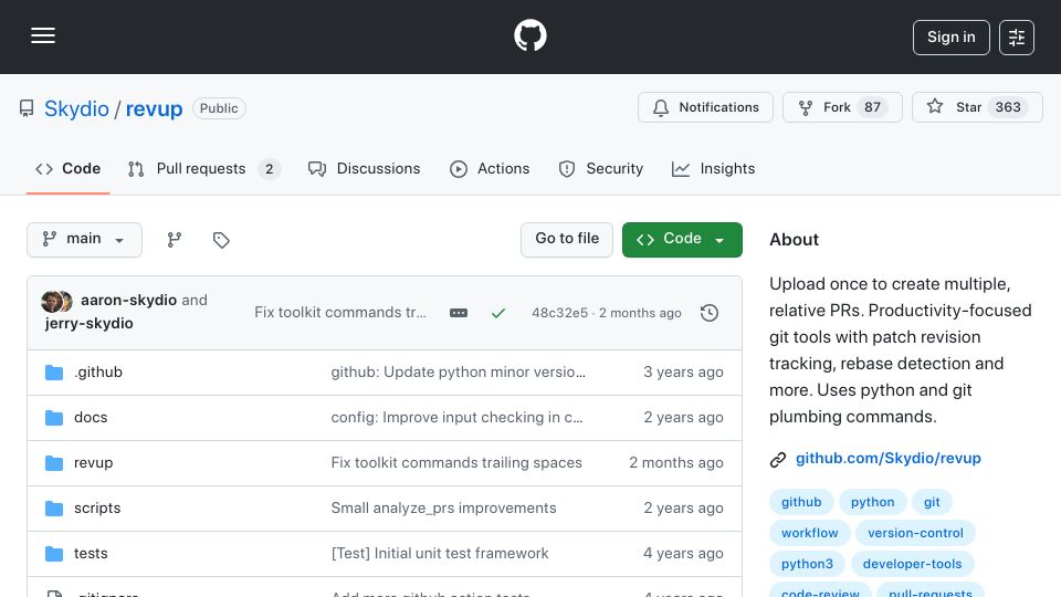 Screenshot of github.com: Revup: Upload once to create multiple, relative GitHub PRs