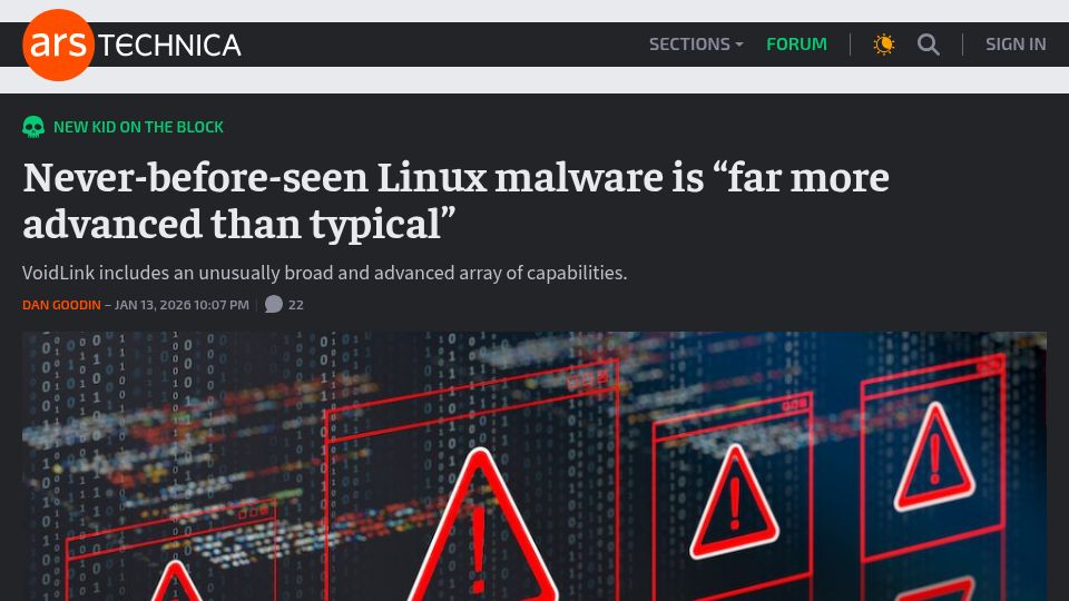 Screenshot of arstechnica.com: Never-before-seen Linux malware is "more advanced than typical"