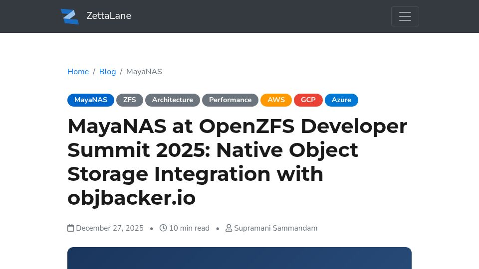 Screenshot of zettalane.com: Native ZFS VDEV for Object Storage (OpenZFS Summit)