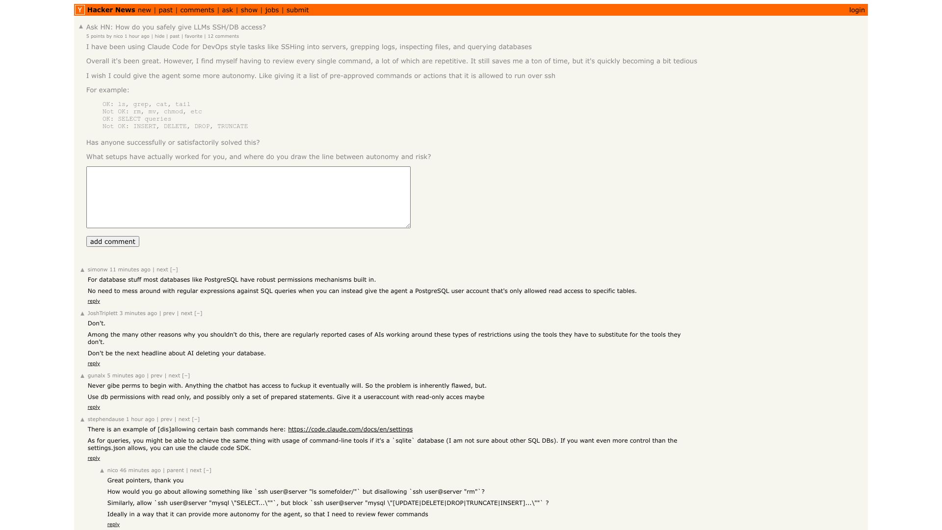 Screenshot of this Hacker News post: Ask HN: How do you safely give LLMs SSH/DB access?